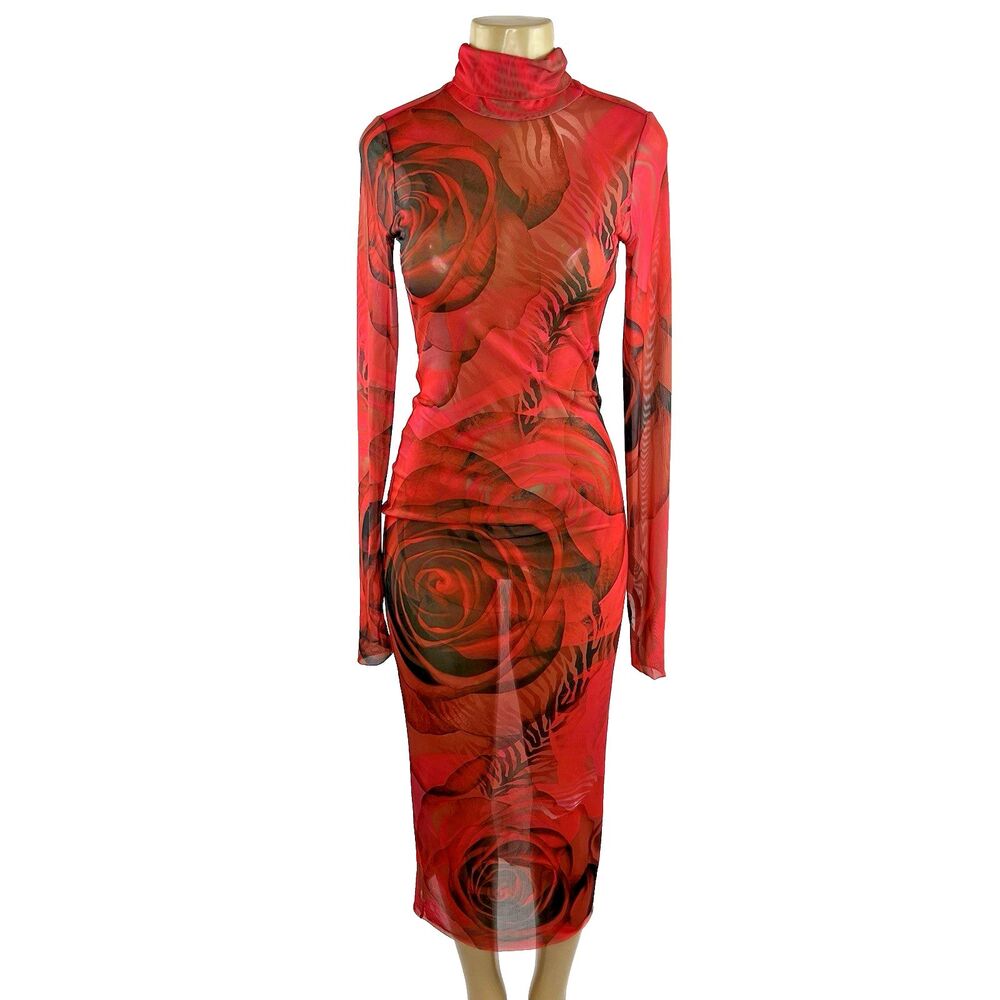 AFRM Shailene Dress Size S Midi Mesh Black Red Rose Dark Romance Whimsigoth - Picture 4 of 11